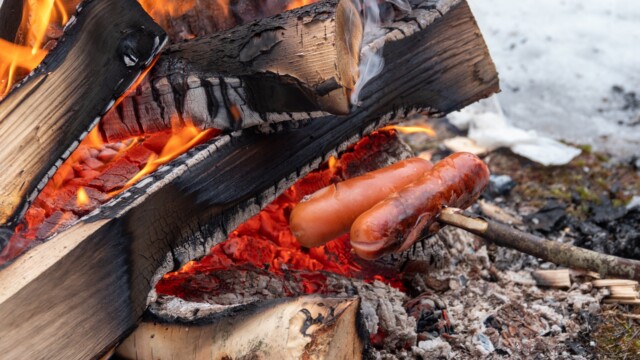 Sausage baking over the bonfire