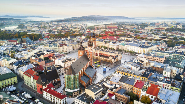 Beautiful aerial view of historic market square at sunrise, Krakow, Poland Krakow in two hours