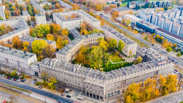 Nowa Huta, district of Krakow - Cracow, Poland. Aerial view of Plac Centralny (Ronald Regan's Central Square)