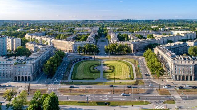 Kraków, Poland. Aerial panorama of Nowa Huta (New Steel Mill), one of only two entirely planned and build socialist realist settlements in the world. Originally the town, now a district of Cracow